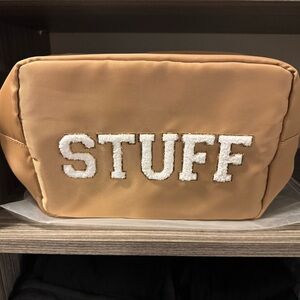 Tan Pouch with White 'STUFF' Embroidery